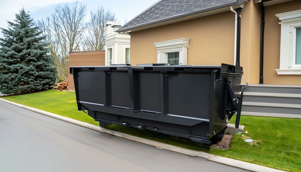 Small residential dumpster in front of residential home